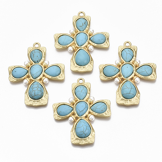 Alloy Big Pendants, with Synthetic Turquoise and ABS Plastic Imitation Pearl, Cadmium Free & Nickel Free & Lead Free, Cross, Real 14K Matte Gold Plated