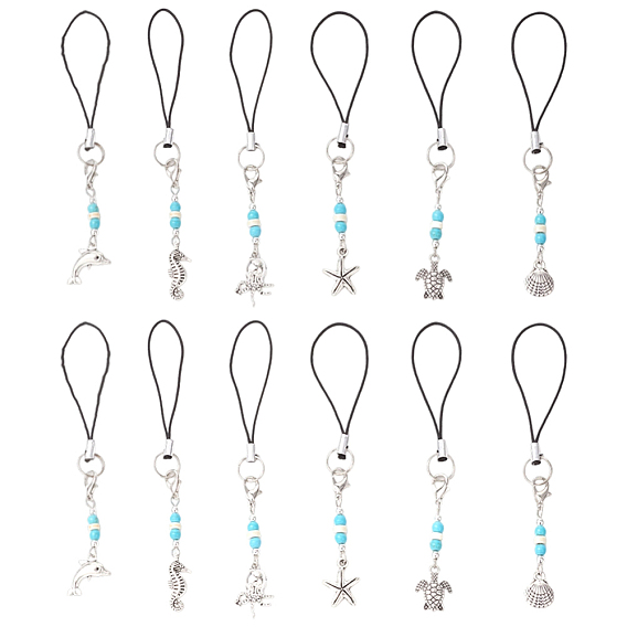 5 сумки с морской тематикой, сплав, мобильные ремни, с нейлоновым шнуром и синтетическими бирюзовыми бусинами, старинное серебро и платина