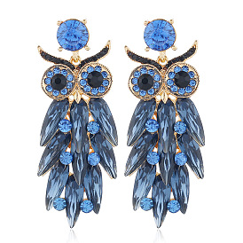 Exaggerated Glass Water Drill Owl Long Earrings Retro Fashion Ear Drops