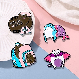 Cartoon Kitty Brooch, Cute Cat with Telephone/Backpack/Mermaid Black Alloy Enamel Pins, Cartoon Animal Badge for Clothes Backpack