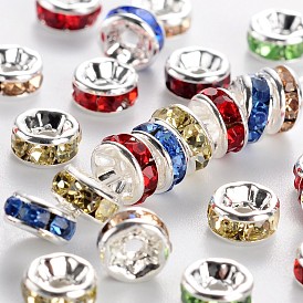 Séparateurs perles en verre avec strass en laiton, grade de aaa, bride droite, sans nickel, couleur argent plaqué, rondelle, 5x2.5mm, Trou: 1mm