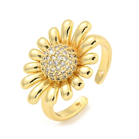 Sunflower Clear Cubic Zirconia Open Cuff Ring, Brass Finger Rings for Women