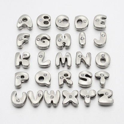 Conjuntos alfabeto inglés, 26 cuentas de aleación con deslizador de letras con un solo diamante de imitación, Platino, 11~13x9~11.5x4~5 mm