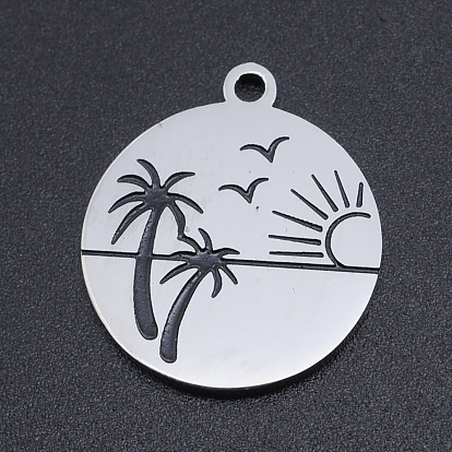 201 Stainless Steel Etched Pendants, Flat Round with Coconut Tree, Beach