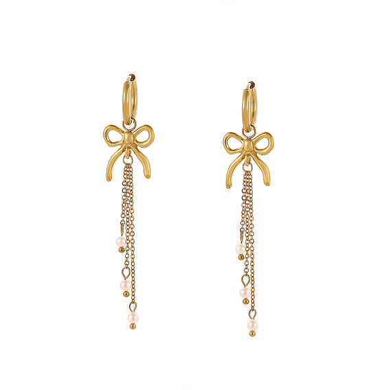 304 серьги-кольца из нержавеющей стали, бантом, с имитацией жемчуга, ионное покрытие (ip)