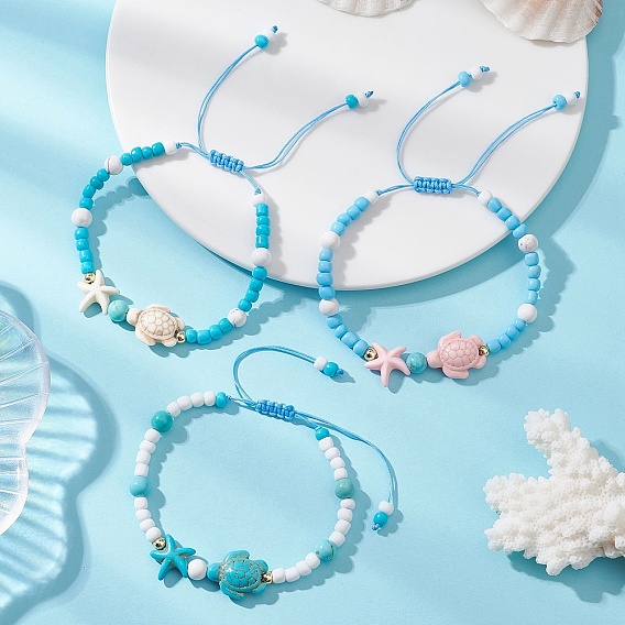 3шт. 3 цвета регулируемые плетеные браслеты из синтетических бирюзовых бусин, Браслеты из плетеной нейлоновой веревки для женщин, морская звезда и черепаха