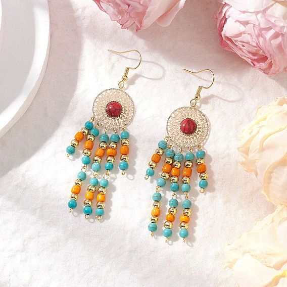 304 плоские круглые серьги-подвески из нержавеющей стали с синтетической бирюзой, с синтетическими бирюзовыми бусинами и стеклянными бусинами, золотые