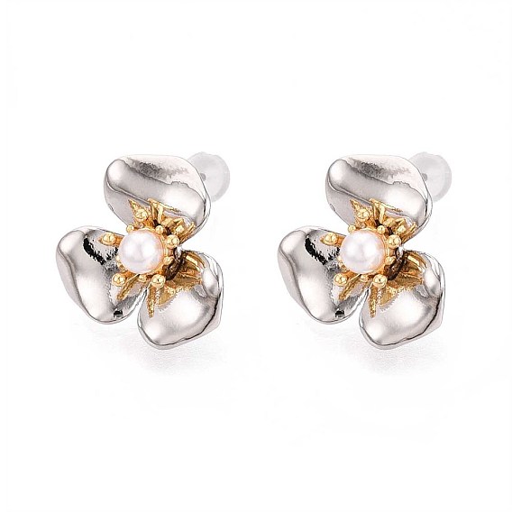 Серьги-гвоздики из искусственного жемчуга из латуни и АБС-пластика, цветок, без никеля 