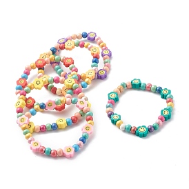 Bracelets extensibles en perles de bois naturel rondes, Perles en fimo faits à la main, fleur avec le visage souriant