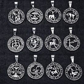 Stainless Steel Pendants, Stainless Steel Color, Flat Round with Constellation Charm