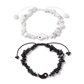 2Pcs Natural Obsidian Braided Beads Bracelets Sets, Adjustable Yin Yang Alloy Enamel Links Connectors Bracelets for Girl Women