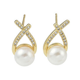 Rack Plating Brass With ABS Imitation Pearl Beads, Cubic Zirconia Stud Earrings, Long-Lasting Plated, Lead Free & Cadmium Free, Teardrop