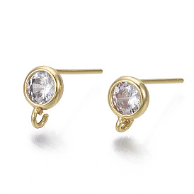 Brass Micro Clear Cubic Zirconia Stud Earring Findings, with Loop, Nickel Free, Flat Round