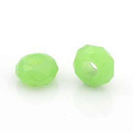 Imitation jade perles de verre européennes, perles de rondelle avec grand trou , facette, 14x7mm, Trou: 6mm
