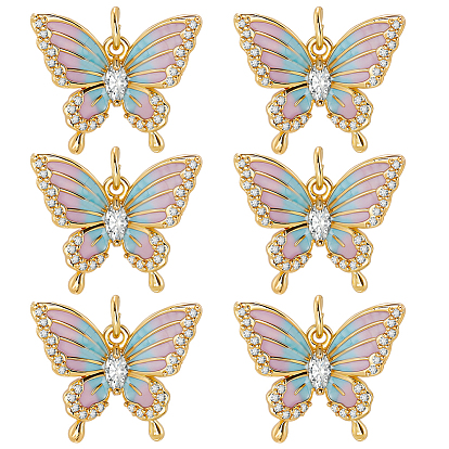 6 кулоны из латуни с микрочастицами и кубическим цирконием., с эмалью, бабочка, реальный 18 k позолоченный, с целью перехода в кольце