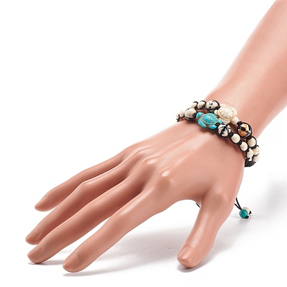 2 pcs 2 couleur synthétique turquoise (teint) tortue & magnésite & océan blanc jade (teint) ensemble de bracelets de perles tressées, bijoux en pierres précieuses pour femmes