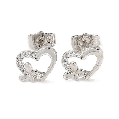 Brass Rhinestone Stud Earrings, Heart with Butterfly