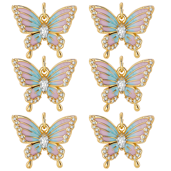 6 кулоны из латуни с микрочастицами и кубическим цирконием., с эмалью, бабочка, реальный 18 k позолоченный, с целью перехода в кольце