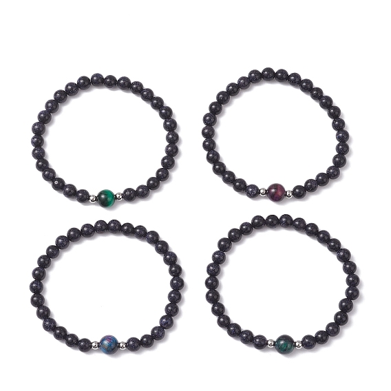 4шт. браслеты из натуральных бусин тигрового глаза и синтетического синего авантюрина, окрашенные и нагретые, круглые