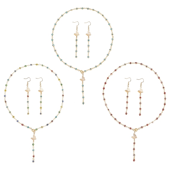 Комплекты из серег и ожерелий ручной работы с элементами лэмпворка от сглаза и латунной фурнитурой, бабочка и глаз