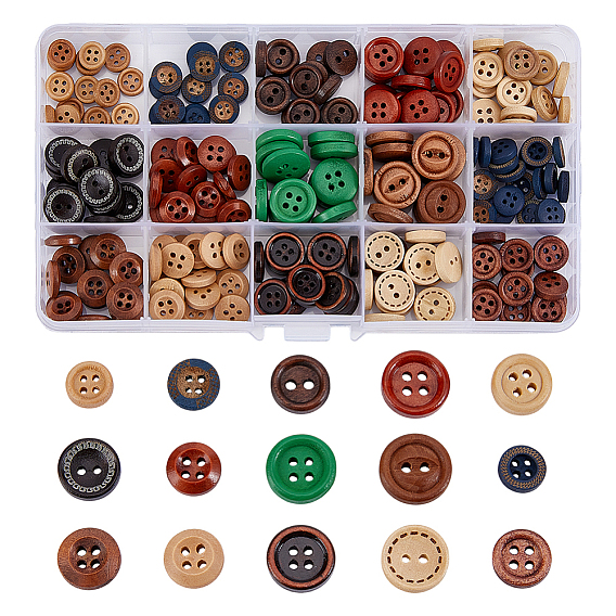 Кнопки дерева, аксессуары, 4 отверстие и 2-луночное, плоско-круглые