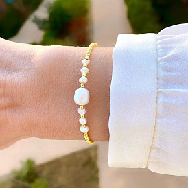 Baroque Natural Freshwater Pearl Gold Bead Handmade Bracelet