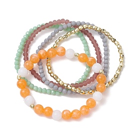 5Pcs 5 Styles Acrylic & Glass Beaded Stretch Bracelet Sets, Stackable Bracelets for Women