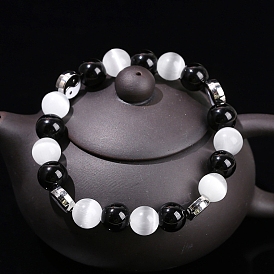 Bracelets extensibles en perles d'oeil de chat, Bracelets en alliage d'émail yin yang pour femmes, perles