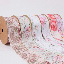 10 Yards Single Face Flower Print Polyester Ribbons, Garment Accessories, Gift Packaging