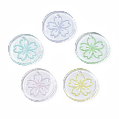 Прозрачные смоляные подвески, с блеском порошок, плоский круглый с цветком сакуры