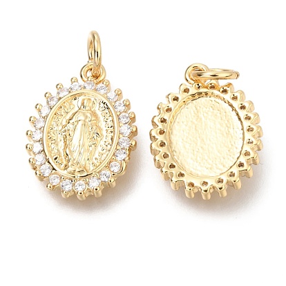 Brass Micro Pave Clear Cubic Zirconia Pendants, with Jump Rings, Flat Round with Jesus