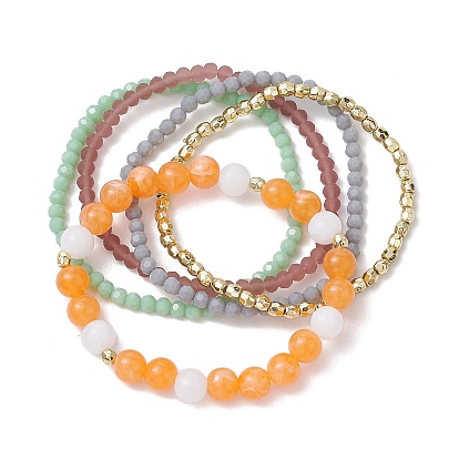 5Pcs 5 Styles Acrylic & Glass Beaded Stretch Bracelet Sets, Stackable Bracelets for Women
