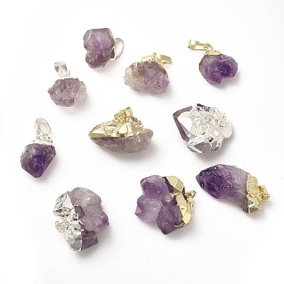 Rough Raw Natural Amethyst Pendants, Nuggets Charms, with Brass Snap on Bails