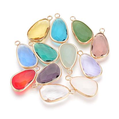 Glass Pendants, with Brass Findings, Faceted, Drop, Raw(Unplated)
