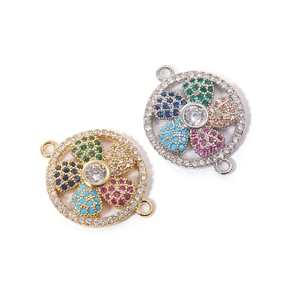 Brass Micro Pave Cubic Zirconia Links Connectors, Flat Round with Flower, Colorful