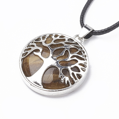 Natural & Synthetic Mixed Stone Pendant Necklaces, with Leather Cord and Brass Iron Findings, Flat Round with Tree