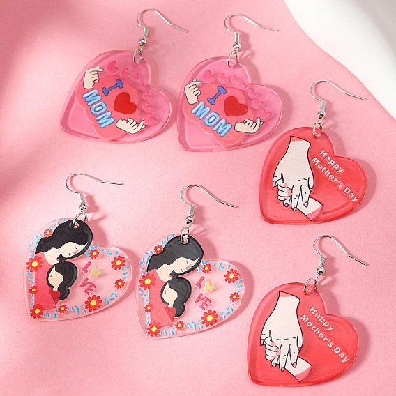 Акриловые серьги-подвески ко Дню матери, сердце, платина
