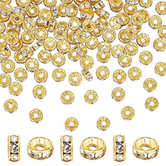 200 шт. Латунные бусины-распорки со стразами, для изготовления ювелирных изделий, класс А, прямой фланец, золотые, плоско-круглые