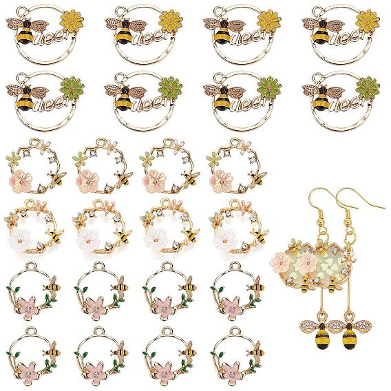 24Pcs 6 SAtyle Alloy Pendants, with Enamel & Clear Cubic Zirconia, Light Gold, Cadmium Free & Lead Free, Flat Round