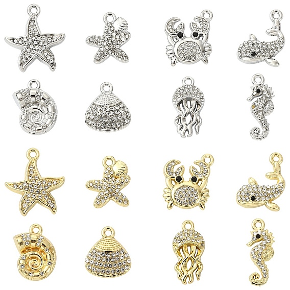 16Pcs 2 Colors 8 Styles Alloy Crystal Rhinestone Pendants, Ocean Theme Charms