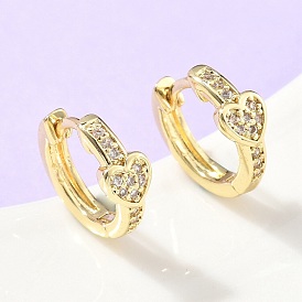 Серьги-кольца из латуни с микропаве и прозрачным кубическим цирконием в форме сердца, стойки покрытие, долговечный, без кадмия и без свинца