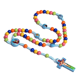 Acrylic & Wood Pendants Necklaces for Kids, Rosary Bead Necklaces, Corss with Jesus