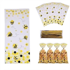Rectangle Cartoon Bees Plastic Bags, Printed Baking Cookie Bags, with Metal Twist Ties