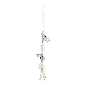 Glass Beads Pendant Mobile Straps, Tibetan Style Alloy Flat Round Carved Vortex Beads and Zinc Alloy Lobster Claw Clasps
