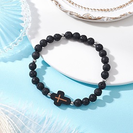 Крест натуральные бусины из лавы и деревянные круглые бусины эластичные браслеты для мужчин и женщин