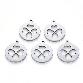 201 Stainless Steel Pendants, Laser Cut, Flat Round with Clovers