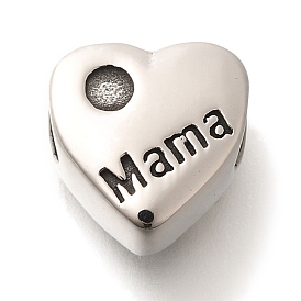 304 Stainless Steel European Beads, Large Hole Beads, Heart with Word Mama