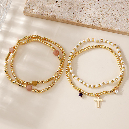 4 шт. Наборы браслетов в богемном пляжном стиле с круглыми латунными бусинами в форме сердца, браслеты с подвесками в виде крестов