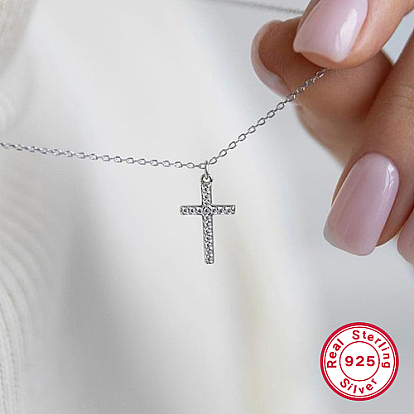 Cubic Zirconia Cross Pendant Necklaces, Rhodium Plated 925 Sterling Silver for Women