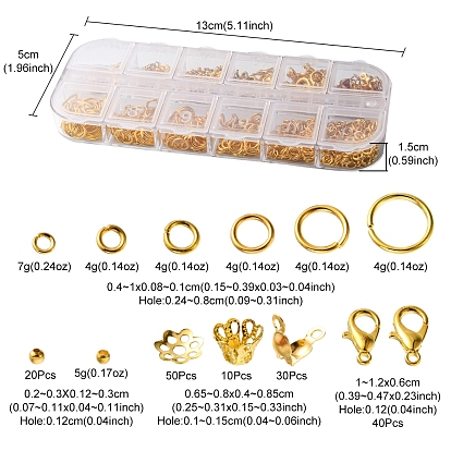 DIY Jewelry Making Finding Kit, Including Brass Jump Rings, Zinc Alloy Lobster Claw Clasps, Iron Spacer & Bead Caps & Bead Tips, Brass Crimp Beads